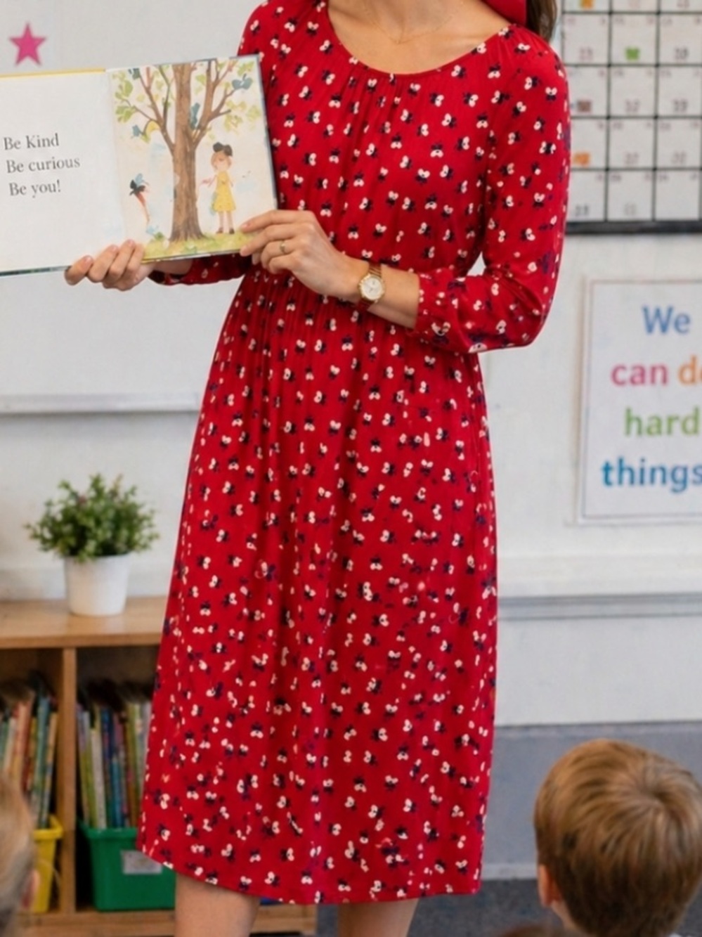 Boden Red Midi Dress with White & Black Floral Print
